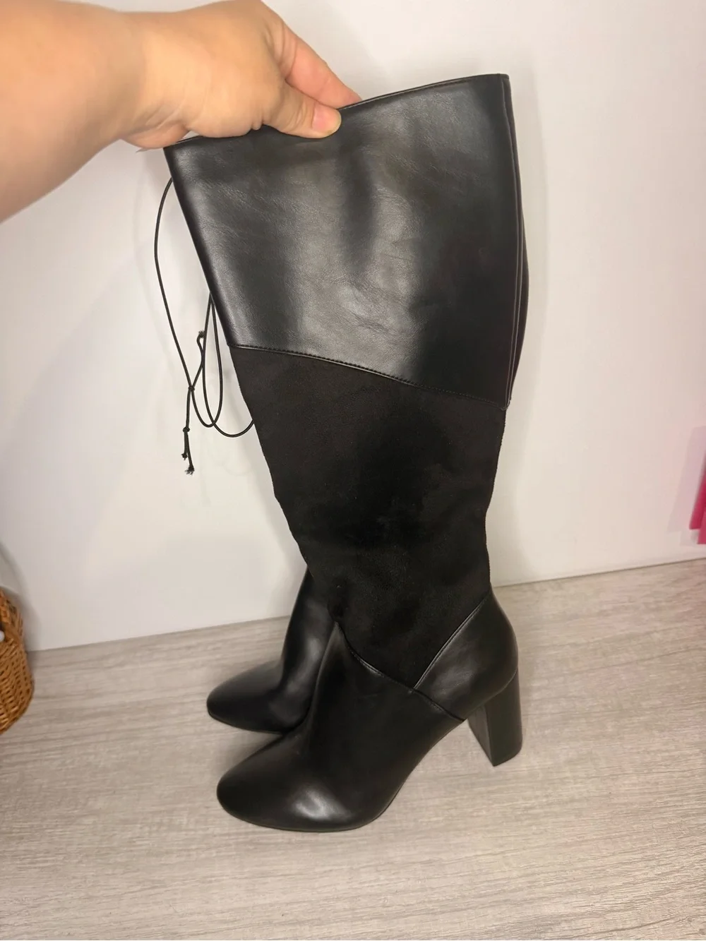 Ann Taylor Factory Mixed Media Tall Block Heel Boots Black 7.5 NWT